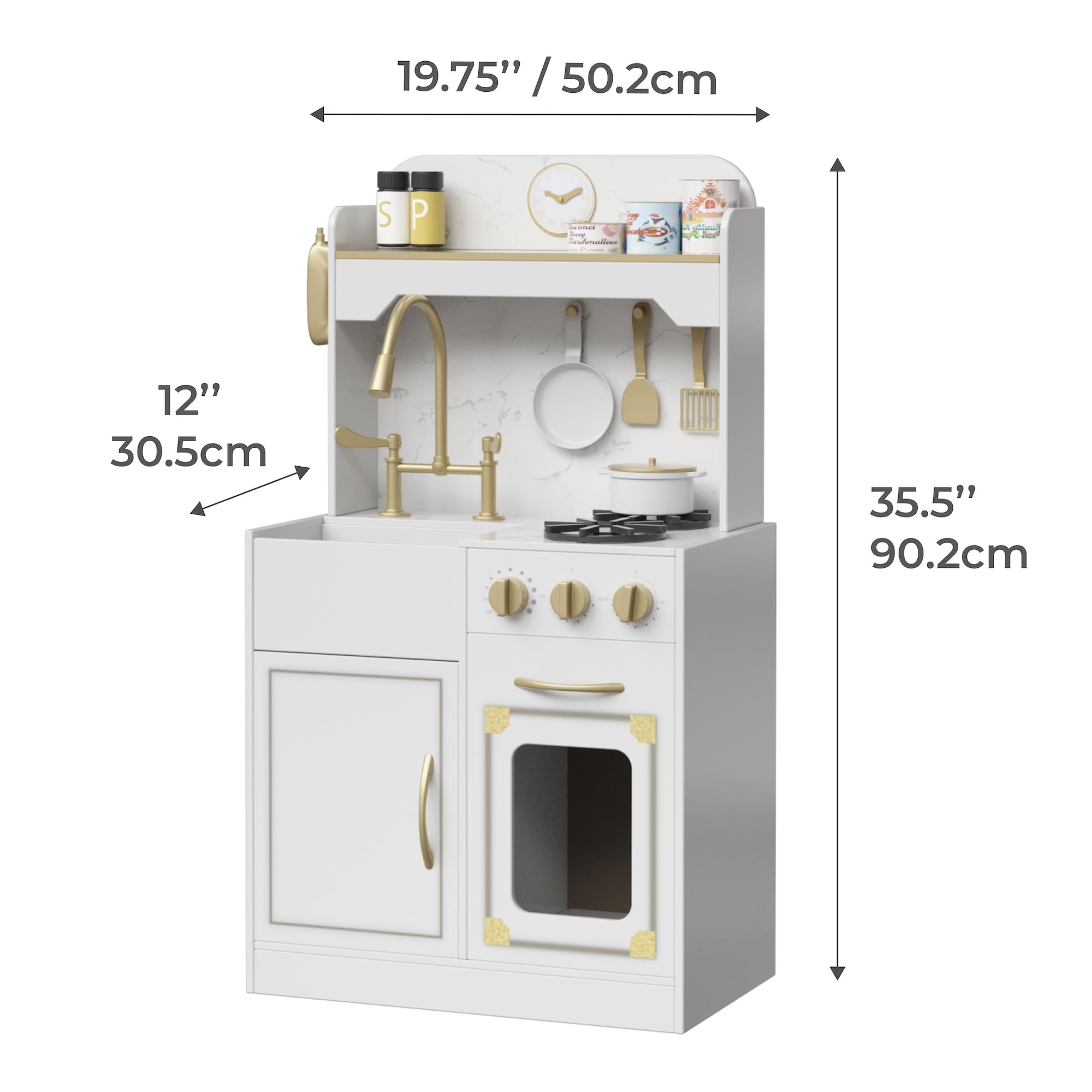 Teamson Kids Versailles Petite Classic Kids Wooden Interactive Play Kitchen, White with Faux White Marble and Gold