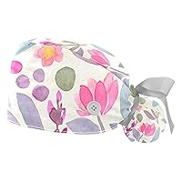 2 Pcs Bouffant Cap with Button Ponytail Pouch, Cotton Working Hat Sweatband, Adjustable Surgical Caps Butterfly Flower