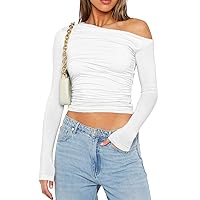 Women's Y2k Grunge Long Sleeve Off Shoulder Crop Tops Ruched Slim Fit Tshirts Going Out Aesthetic Blouses Streetwear