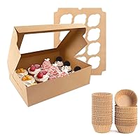 12 Count x 12 Sets Cupcake Boxes with 144 Baking Cups,Brown Cupcake Containers 13 x 10 x 3.5 Inches Kraft Bakery Carrier Boxes Holders with Windows and Inserts to Hold Cupcakes,Muffins and Pastries