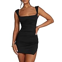 Fisoew Womens Backless Bodycon Dress Sexy Sleeveless Tie Back Slit Ruched Club Party Mini Dresses