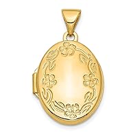 10k Gold 17mm Oval Leaf Floral Hand Engraved Photo Locket Pendant Necklace Jewelry Gifts for Women