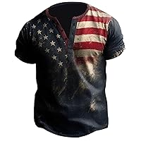 Men's 4th of July USA Flag Print Distressed Henley Shirts Button Collar Short Sleeve Polo Shirt Ligthweight Casual Tee