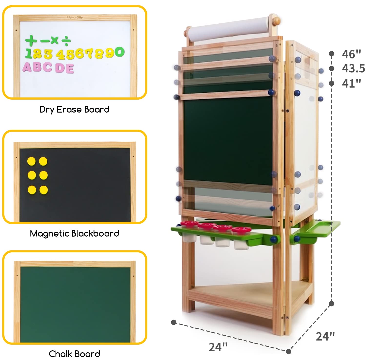 FLYING OLLY Deluxe Kids Art Easel(Solid Pinewood), Tri-Sided Toddler Easel w/Blackboard, Whiteboard& Chalkboard,1 Paper Roll, and Art Supplies(86-in-1 Set) for Toddler Kids 3-9 for Daycare, Kids Room