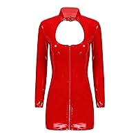 Women's Wet Look PVC Leather Keyhole Bodycon Dress Long Sleeve Zipper Nightclub Dresses