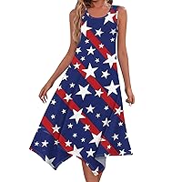 Womens 4th of July American Flag Dresses Casual Round Neck Sleeveless Independence Day Irregular Hem Midi Dress