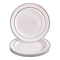 Silver Spoons Fancy Disposable Plates - Heavy Duty Plastic Plates – 10 Cake Plates Disposable - 7.5” – White with Silver Rim Plates – Ritz Collection