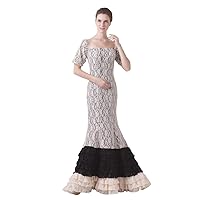 Champagne Lace Overlay Mermaid Layered Skirt Prom Dress With Sleeves