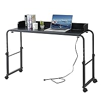 Overbed Table with Power Outlet,Wheels,Adjustable Height,Mobile Queen Size Bed Table Suitable for Home Office（Black）