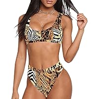 Sport Top & High-Waisted Bikini Swimsuit Women Zebra Animals Golden Swimwear