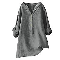 Women's Oversized V Neck T Shirts 3/4 Sleeve Button Up Tunic Tops Solid Color Loose Fit Blouse Roll Sleeve Tees
