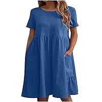 Women's Ruffle Tiered Babydoll Cotton Linen Dresses Short Sleeve Solid Mini Beach Dress Flowy Sun Dress with Pockets