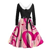 Women's Valentine Dress Casual and Fashionable Long Sleeved V-Neck Valentine's Day Print Matching Dress, S-2XL