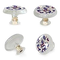 4 Pack Transparent Drawer Knobs, Decorative Kitchen Crystal Glass 35mm Round Cabinet Knobs Pull Handles (Blue Chinese Dragon Pattern)