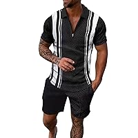Mens Polo Shirt and Shorts Sets 2 Piece Summer Outfits Casual Quarter Zip Polo Shirts Short Sleeve Tracksuit Stylish Polo Set