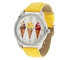 ZIZ Ice Cream Silver Yellow Wrist Watch, Quartz Analog Watch with Leather Band
