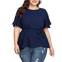Plus Size Casual Blouse for Women Solid Ruffle Short Sleeve Lace up Loose T-Shirts Tops