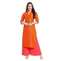 Indian Traditional Woman's 100% Silk Ethnic Orange Straight Kurti for All Plus Size and Small Size