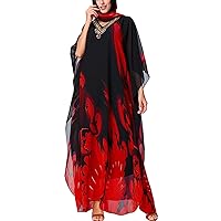 Flygo Women's Boho Printed Oversized Batwing 3/4 Sleeve Maxi Long Dresses Robe (Style 02 Red, Large)