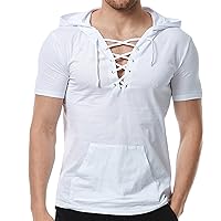 Men's Stylish Hooded T-Shirt, Casual Lace-up V Neck Shirts Casual Short Sleeve Plain Tee Lightweight Fitted T Shirt