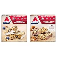Atkins Blueberry Greek Yogurt Protein Meal Bar with 15g Protein, 3g Sugar, 5g Net Carbs, 5 Count and Chocolate Almond Caramel Bar with 15g Protein, 3g Net Carbs, 1g Sugar, 5 Count