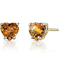 Peora Solid 14K Yellow Gold Citrine Heart Stud Earrings for Women, Genuine Gemstone Birthstone Classic Solitaire Studs, 6mm, 1.50 Carats total, Friction Back