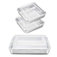 E-far 8 x 8-Inch Baking Pan with lid and 12⅓ x 9¾ x 2 Inch Rectangle Sheet Cake Pans with Cover Bundle, Square Cake Brownie Baking Pans Stainless Steel Bakeware, Dishwasher Safe