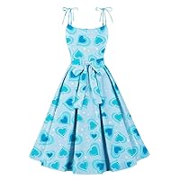 Wellwits Women’s Tie Cami Strap Sweet Hearts Print Cocktail 1950s Vintage Dress