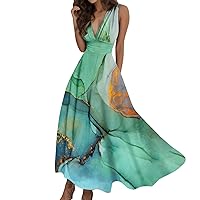 Maxi Dresses for Women 2024 Summer Vacation Elegant Deep V Neck Sleeveless Boho Floral Print Flowy Casual Beach Long Dress