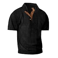 Henley Shirts for Men Vintage Short Sleeve Band Neck Corduroy Snaps Tees Blouses Summer Casual Loose Fit Sweatshirts