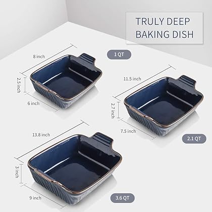 KOOV Bakeware Set, Ceramic Baking Dish Set, Rectangular Casserole Dish Set, Lasagna Pans for Cooking, Cake Dinner, Kitchen, 9 x 13 Inches, Texture Series 3-Piece (Cloudy gray)