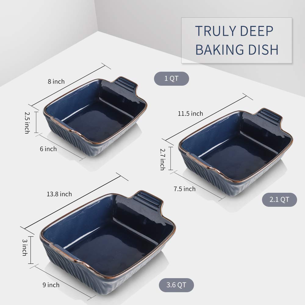 KOOV Bakeware Set, Ceramic Baking Dish, Rectangular Lasagna Pans for Cooking, Cake Dinner, Kitchen, 9 x 13 Inches, Texture Series 3-Piece (3 Piece, Aegean)