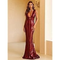 Women's Dresses Casual Wedding Plunging Neck Geo Sequin Maxi Prom Dress Wedding Guest (Color : Burgundy, Size : Large)