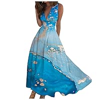 Maxi Dresses for Women 2024 Elegant Wrap V Neck Sleeveless Summer Dress Trendy Floral Print Flowy Beach Dress