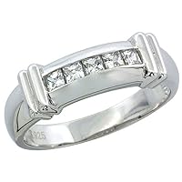 Sterling Silver Cubic Zirconia Mens Wedding Band Ring Channel Set Princess, 1/4 inch Wide