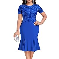 Plus Size Lace Splice Solid Color Dress Women's Round Neck Short Sleeve High Waist Fishtail Dress Female Party Dress