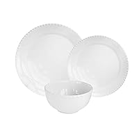 American Atelier Hamilton Beaded Casual Round Dinnerware Set – 12-Piece Stoneware Dinner Party Collection for Entertaining w/ 4 Dinner Plates, 4 Salad Plates, & 4 Bowls, White