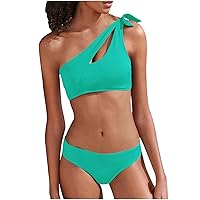 One Shoulder Swimsuits for Women Sexy Cutout No Underwire Bikini Set Padded Bathing Suit Crop Top Mid Waisted Thong
