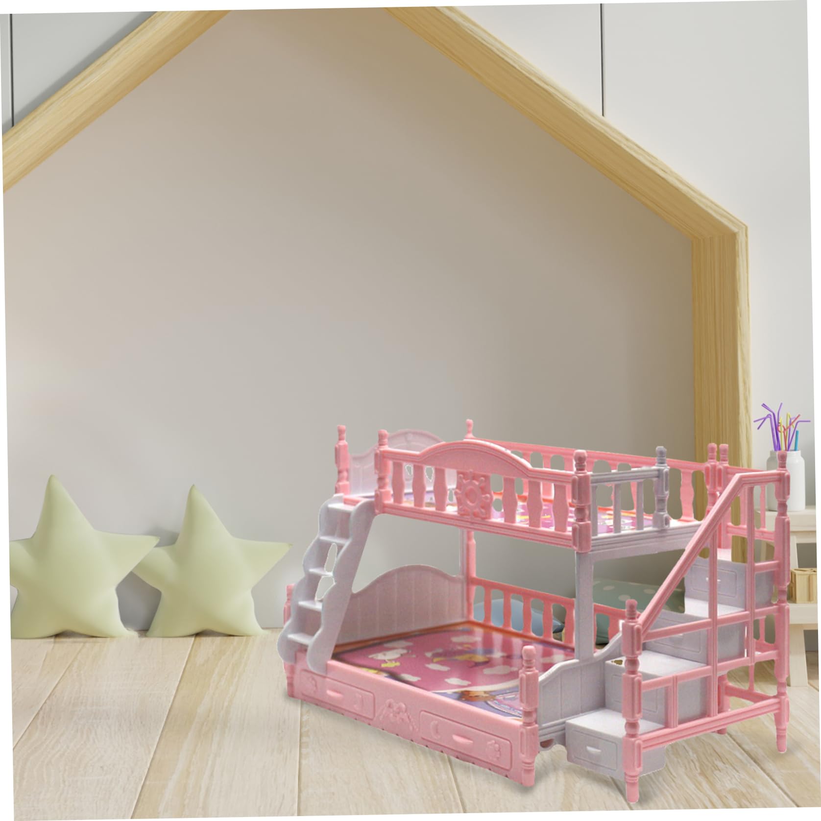 Baby Doll Bunk Bed for Girls Baby Doll Miniature Simulation Cute Cartoon Baby Doll Cot with Stairs Plastic Dollhouse Furniture Birthday Gift