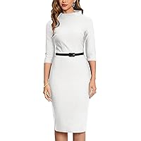MUXXN Women's Formal Business Dress Vintage 1950 Style 3/4 Sleeve Knee Length Bodycon Pencil Dress with Belt White L