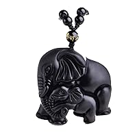 Natural Obsidian crystal elephant Amulet pendant necklace with adjustable bead chain for women or men