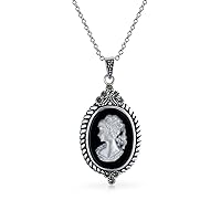 Bling Jewelry Classic Antique Vintage Style Black White Mother of Pearl Shell Carved Oval Victorian Lady Portrait Cameo Pendant Necklace Ring For Women Marcasite Frame Oxidized .925 Sterling Silver