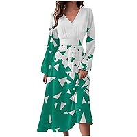 Women Fall Dresses Solid Long Sleeve V Neck Wedding Guest Dress Casual Vintage Printed Cocktail Party Dress