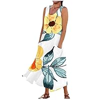 Summer Dresses for Women 2024 Printed Trendy Beach Dress with Pocket Sleeveless Vacation Dress Swing Casual Dresses