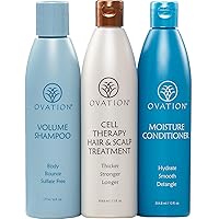 Ovation Hair Balance 3-Step System with Volume Shampoo, Cell Therapy Hair Growth & Healthy Scalp Treatment, Moisture Conditioner - Add Volume, Fullness, Hydration, & Shine for Flat Dry Hair (Bundle)