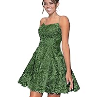 Women's Satin Short Homecoming Prom Dresses Lace Applique Spaghetti Straps Backless Cocktail Mini Dress PRY148