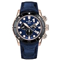 Edox CO-1 Chronograph Rose Gold PVD Titanium Blue Dial Blue Leather Strap Date Divers Quartz Mens Watch 10242-TINR-BUIRN