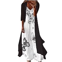 Womens Fall Maxi Dresses Butterfly Printed Shirts Dress 3/4 Sleeve V Neck Casual Loose Flowy Beach Sundress Plus Size