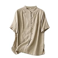 Cotton Linen Tops for Women Short Sleeve T Shirts Crewneck Vintage Blouse Shirts Tops Soft Comfy Tunics Top