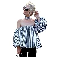 Spring Floral Tops Stripe Blue Off Shoulder Shirts for Women Tops Lantern Sleeve Summer Blouse with Choker